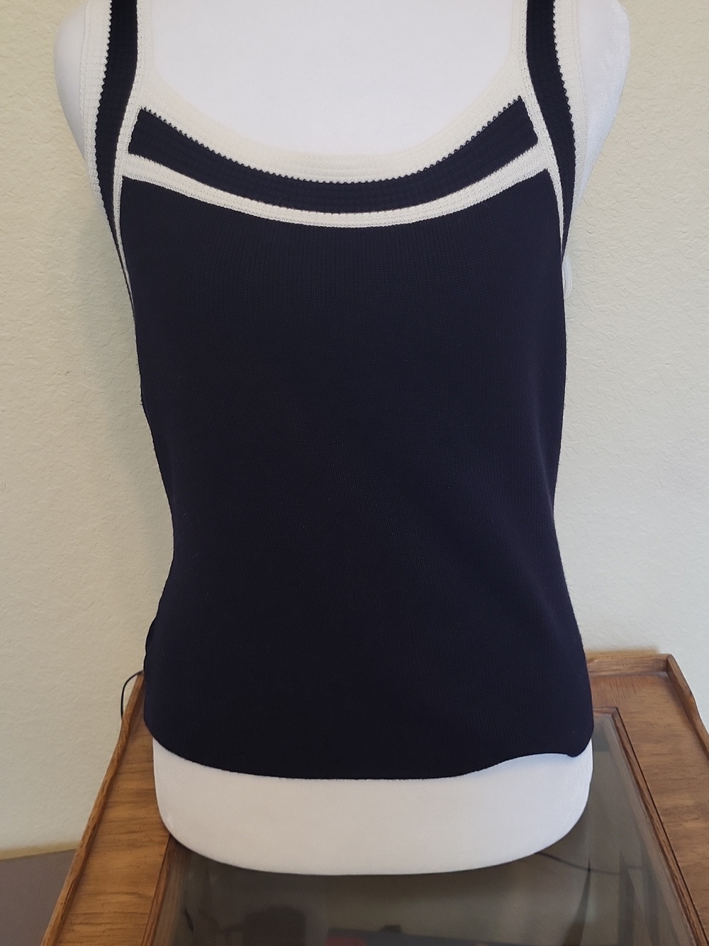 Joie Navy Tank Top with Navy And White Crochet Trim